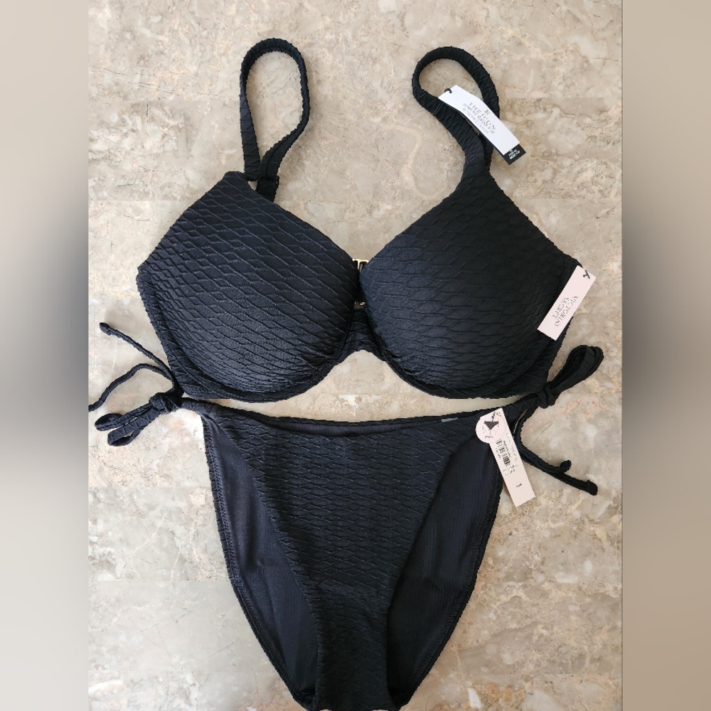 34C/M VS Swim Icon Push Up Bikini Top Side Tie Cheeky Bikini Set Black